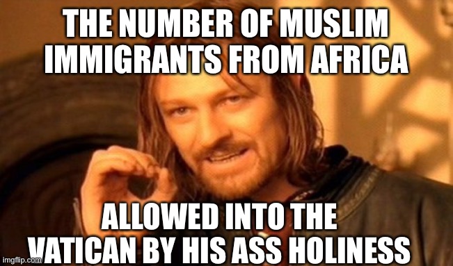 One Does Not Simply Meme | THE NUMBER OF MUSLIM IMMIGRANTS FROM AFRICA ALLOWED INTO THE VATICAN BY HIS ASS HOLINESS | image tagged in memes,one does not simply | made w/ Imgflip meme maker