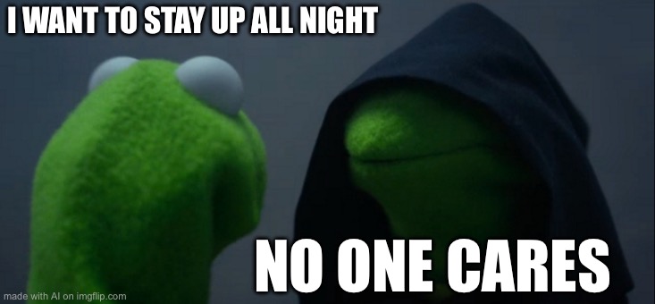 Evil Kermit Meme | I WANT TO STAY UP ALL NIGHT; NO ONE CARES | image tagged in memes,evil kermit | made w/ Imgflip meme maker