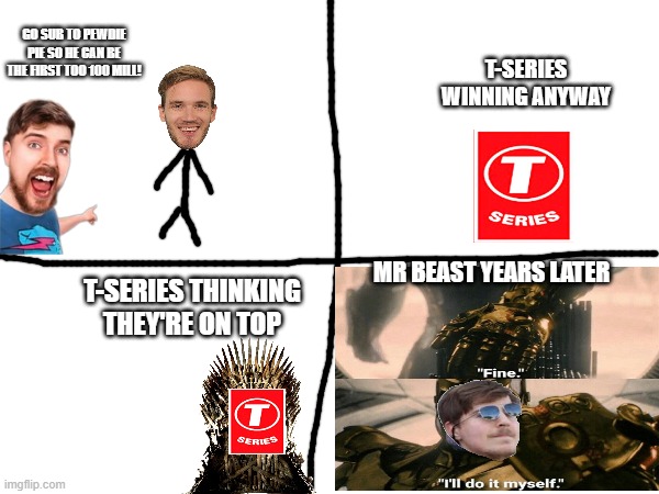 T-SERIES WINNING ANYWAY; GO SUB TO PEWDIE PIE SO HE CAN BE THE FIRST TOO 100 MILL! MR BEAST YEARS LATER; T-SERIES THINKING THEY'RE ON TOP | made w/ Imgflip meme maker
