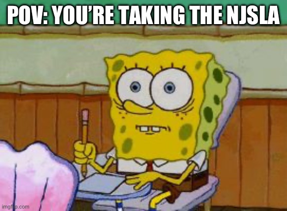 Bonus points if all the questions are things you never covered in class | POV: YOU’RE TAKING THE NJSLA | image tagged in scared spongebob | made w/ Imgflip meme maker