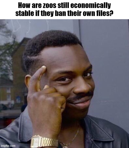 Don't do a practical test tho | How are zoos still economically stable if they ban their own files? | image tagged in thinking black guy | made w/ Imgflip meme maker