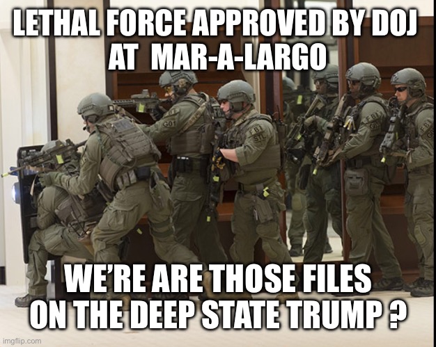 FBI SWAT | LETHAL FORCE APPROVED BY DOJ 
AT  MAR-A-LARGO; WE’RE ARE THOSE FILES ON THE DEEP STATE TRUMP ? | image tagged in fbi swat | made w/ Imgflip meme maker