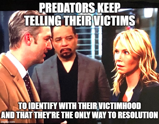SVU stunned | PREDATORS KEEP TELLING THEIR VICTIMS TO IDENTIFY WITH THEIR VICTIMHOOD AND THAT THEY'RE THE ONLY WAY TO RESOLUTION | image tagged in svu stunned | made w/ Imgflip meme maker