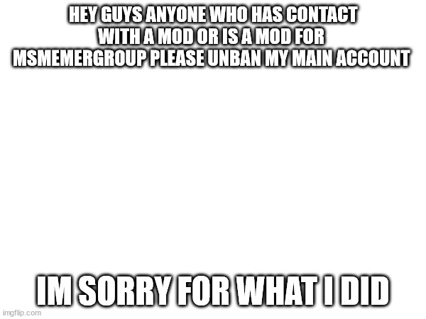 Raditz_The_Saiyan_Invader | HEY GUYS ANYONE WHO HAS CONTACT WITH A MOD OR IS A MOD FOR  MSMEMERGROUP PLEASE UNBAN MY MAIN ACCOUNT; IM SORRY FOR WHAT I DID | image tagged in help,msmg | made w/ Imgflip meme maker