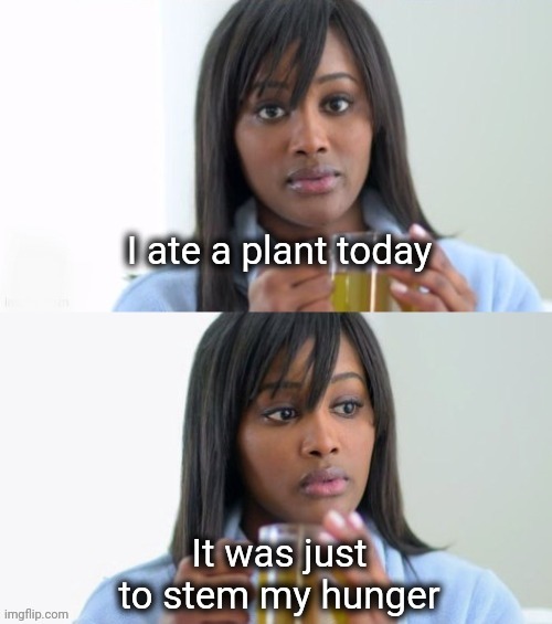 Stem | I ate a plant today; It was just to stem my hunger | image tagged in tea lady reversed,stem,plants,plant,hungry,dad joke | made w/ Imgflip meme maker