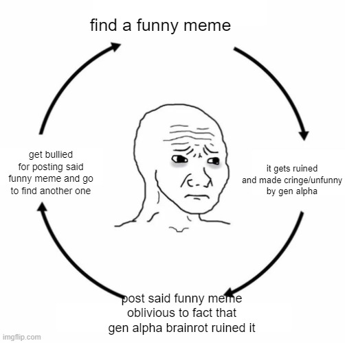 Sad wojak cycle | find a funny meme; it gets ruined and made cringe/unfunny by gen alpha; get bullied for posting said funny meme and go to find another one; post said funny meme oblivious to fact that gen alpha brainrot ruined it | image tagged in sad wojak cycle | made w/ Imgflip meme maker