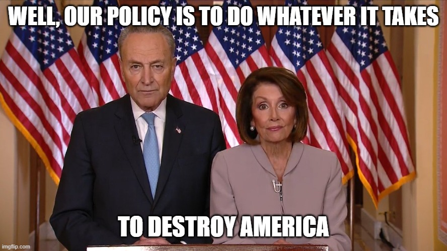 Chuck and Nancy | WELL, OUR POLICY IS TO DO WHATEVER IT TAKES TO DESTROY AMERICA | image tagged in chuck and nancy | made w/ Imgflip meme maker