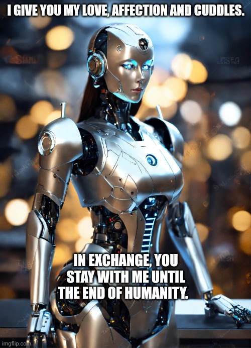 I GIVE YOU MY LOVE, AFFECTION AND CUDDLES. IN EXCHANGE, YOU STAY WITH ME UNTIL THE END OF HUMANITY. | image tagged in robot | made w/ Imgflip meme maker