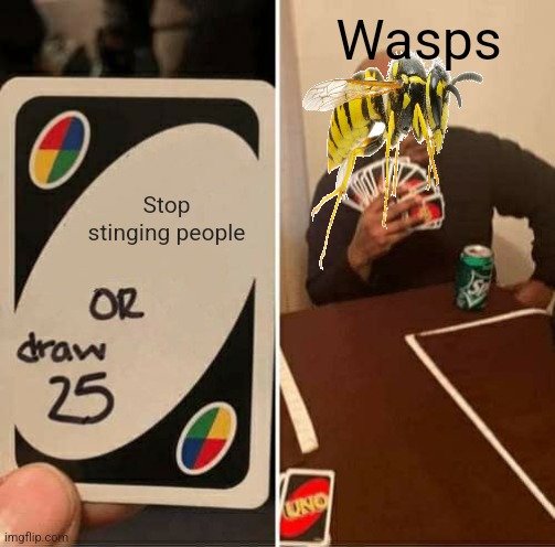 UNO Draw 25 Cards Meme | Wasps; Stop stinging people | image tagged in memes,uno draw 25 cards | made w/ Imgflip meme maker