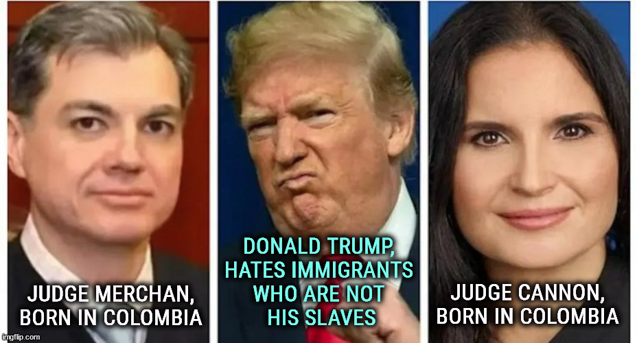 Aileen Cannon does what she's told. Juan Merchan, less so. | DONALD TRUMP, 
HATES IMMIGRANTS 
WHO ARE NOT 
HIS SLAVES; JUDGE CANNON, BORN IN COLOMBIA; JUDGE MERCHAN, BORN IN COLOMBIA | image tagged in trump,merchan,cannon,colombia,immigrants | made w/ Imgflip meme maker