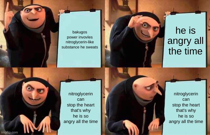 Gru's Plan Meme | bakugos power invovles nitroglycerin-like substance he sweats; he is angry all the time; nitroglycerin can stop the heart that's why he is so angry all the time; nitroglycerin can stop the heart that's why he is so angry all the time | image tagged in memes,gru's plan | made w/ Imgflip meme maker
