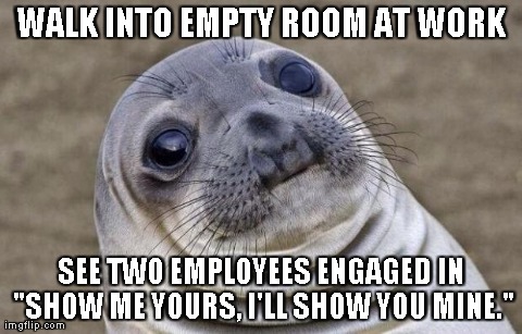 Awkward Moment Sealion | WALK INTO EMPTY ROOM AT WORK SEE TWO EMPLOYEES ENGAGED IN "SHOW ME YOURS, I'LL SHOW YOU MINE." | image tagged in memes,awkward moment sealion,AdviceAnimals | made w/ Imgflip meme maker