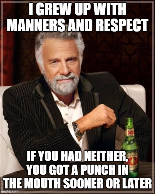 The Most Interesting Man In The World | I GREW UP WITH MANNERS AND RESPECT; IF YOU HAD NEITHER, YOU GOT A PUNCH IN THE MOUTH SOONER OR LATER | image tagged in memes,the most interesting man in the world | made w/ Imgflip meme maker