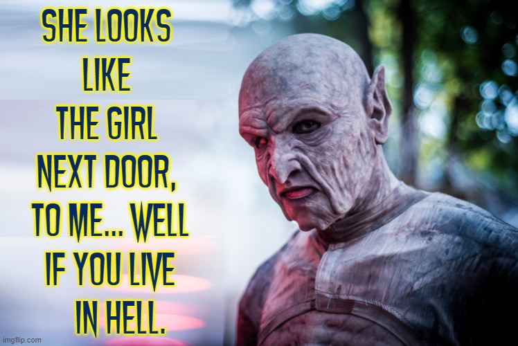 SHE LOOKS 
LIKE 
THE GIRL 
NEXT DOOR, 
TO ME... WELL
IF YOU LIVE
   IN HELL. | made w/ Imgflip meme maker