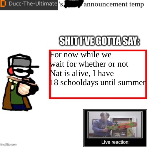 Unrelated but better than to think of the worst case scenario | For now while we wait for whether or not Nat is alive, I have 18 schooldays until summer | image tagged in ducc-the-ultimate s announcement temp | made w/ Imgflip meme maker