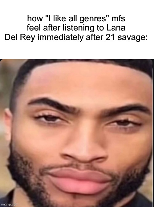 Lightskin stare | how "I like all genres" mfs feel after listening to Lana Del Rey immediately after 21 savage: | image tagged in lightskin stare | made w/ Imgflip meme maker