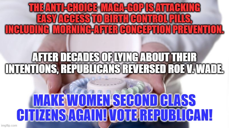 Support Freedom and Women's Rights, not Fascist "State's Rights." | THE ANTI-CHOICE  MAGA-GOP IS ATTACKING EASY ACCESS TO BIRTH CONTROL PILLS, INCLUDING  MORNING-AFTER CONCEPTION PREVENTION. AFTER DECADES OF LYING ABOUT THEIR INTENTIONS, REPUBLICANS REVERSED ROE V. WADE. MAKE WOMEN SECOND CLASS CITIZENS AGAIN! VOTE REPUBLICAN! | image tagged in birth control | made w/ Imgflip meme maker