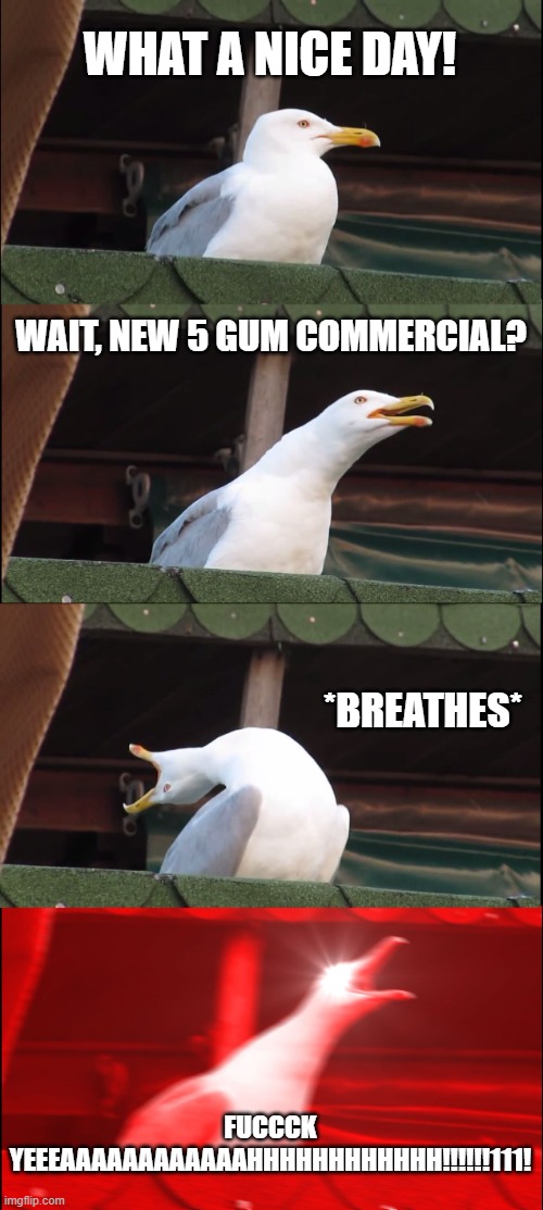 How It feels to chew 9000 gum. | WHAT A NICE DAY! WAIT, NEW 5 GUM COMMERCIAL? *BREATHES*; FUCCCK YEEEAAAAAAAAAAAAHHHHHHHHHHHH!!!!!!111! | image tagged in memes,inhaling seagull | made w/ Imgflip meme maker