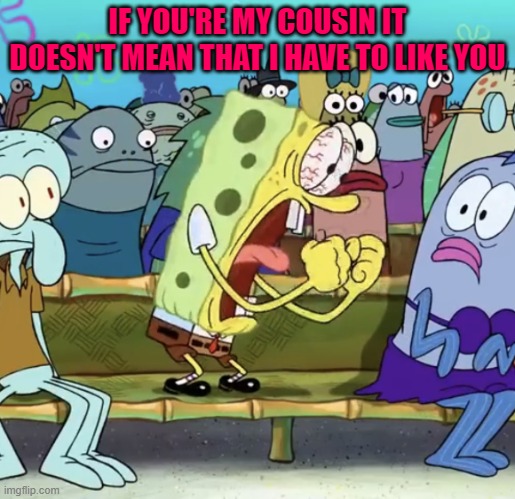 Spongebob Yelling | IF YOU'RE MY COUSIN IT DOESN'T MEAN THAT I HAVE TO LIKE YOU | image tagged in spongebob yelling | made w/ Imgflip meme maker
