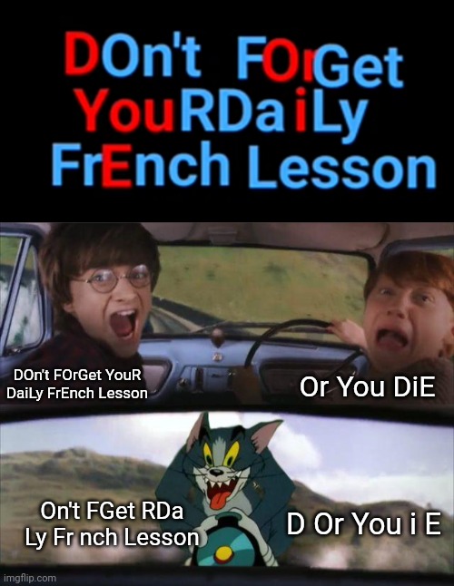 Duolingo moment | DOn't FOrGet YouR DaiLy FrEnch Lesson; Or You DiE; On't FGet RDa Ly Fr nch Lesson; D Or You i E | image tagged in harry potter and ron screaming meme | made w/ Imgflip meme maker