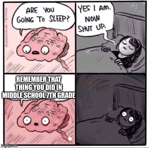 middle school memes | REMEMBER THAT THING YOU DID IN MIDDLE SCHOOL 7TH GRADE | image tagged in thoughts that keep you awake,memes,school,funny,middle school,real | made w/ Imgflip meme maker