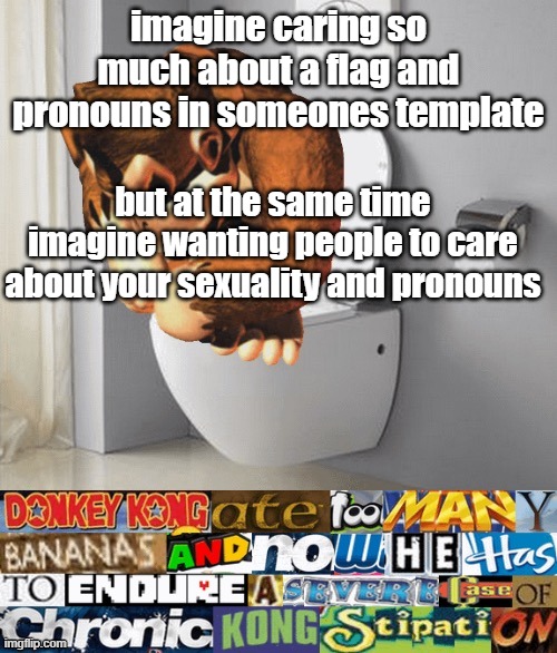kongstipation | imagine caring so much about a flag and pronouns in someones template; but at the same time imagine wanting people to care about your sexuality and pronouns | image tagged in kongstipation | made w/ Imgflip meme maker