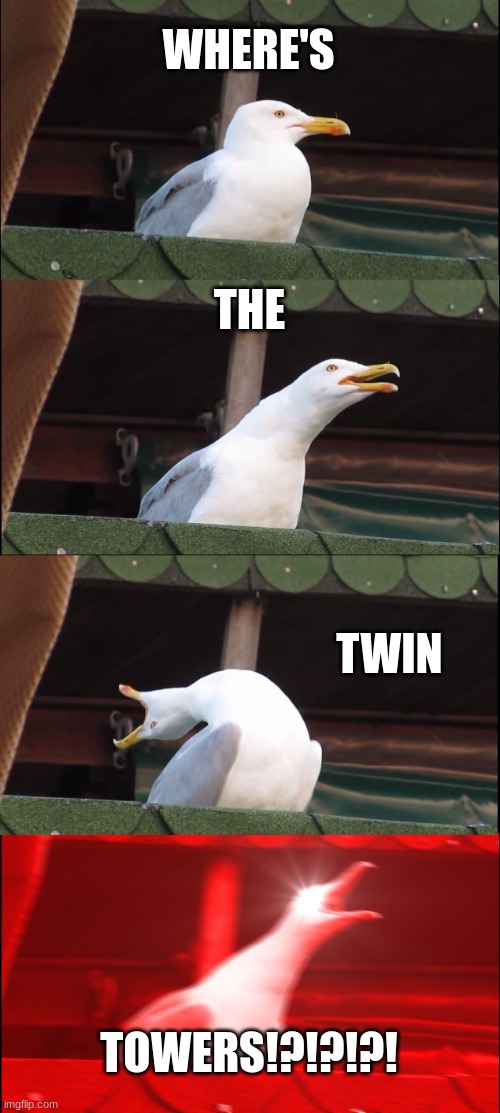 Inhaling Seagull | WHERE'S; THE; TWIN; TOWERS!?!?!?! | image tagged in memes,inhaling seagull | made w/ Imgflip meme maker