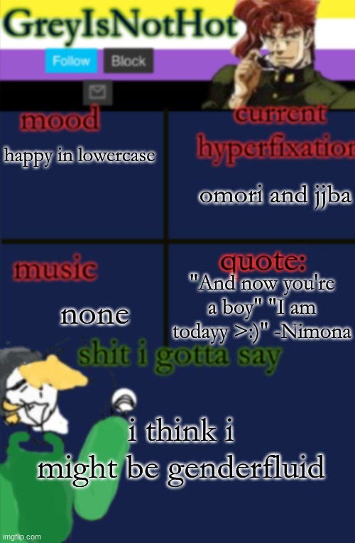 yippee | happy in lowercase; omori and jjba; none; "And now you're a boy" "I am todayy >:)" -Nimona; i think i might be genderfluid | image tagged in yappin | made w/ Imgflip meme maker