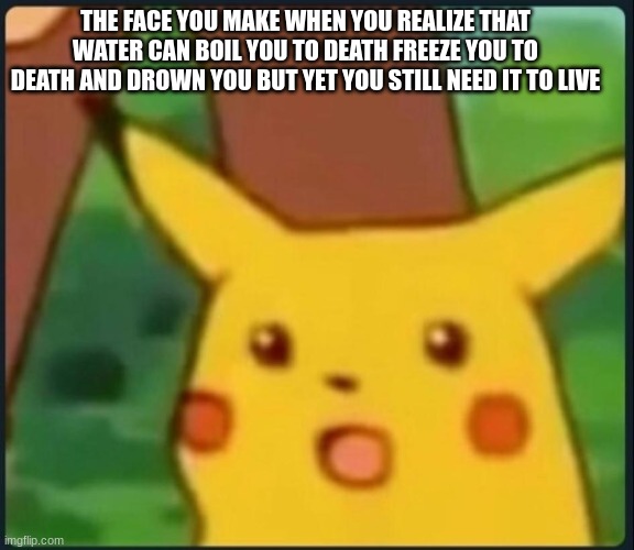 ... this actually is crazy | THE FACE YOU MAKE WHEN YOU REALIZE THAT WATER CAN BOIL YOU TO DEATH FREEZE YOU TO DEATH AND DROWN YOU BUT YET YOU STILL NEED IT TO LIVE | image tagged in surprised pikachu | made w/ Imgflip meme maker