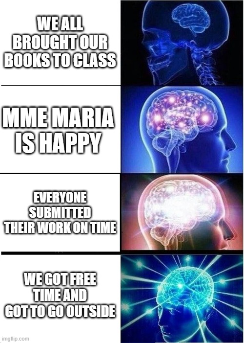school be like | WE ALL BROUGHT OUR BOOKS TO CLASS; MME MARIA IS HAPPY; EVERYONE SUBMITTED THEIR WORK ON TIME; WE GOT FREE TIME AND GOT TO GO OUTSIDE | image tagged in memes,expanding brain | made w/ Imgflip meme maker