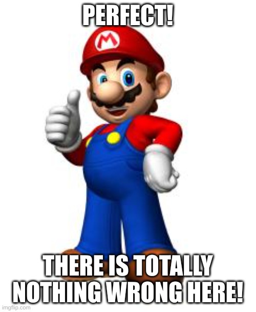 PERFECT! THERE IS TOTALLY NOTHING WRONG HERE! | image tagged in mario thumbs up | made w/ Imgflip meme maker