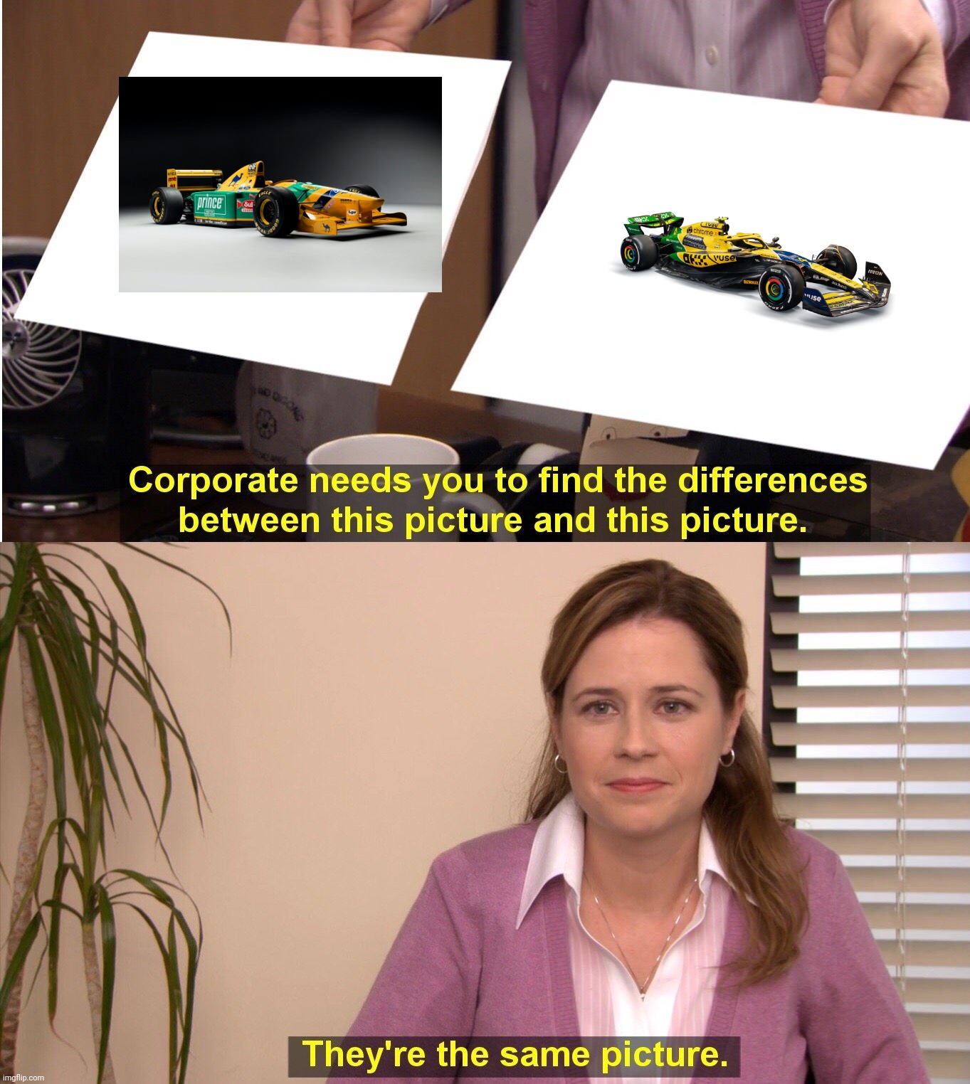 They're The Same Picture Meme | image tagged in memes,they're the same picture,formula 1,green,yellow,blue | made w/ Imgflip meme maker