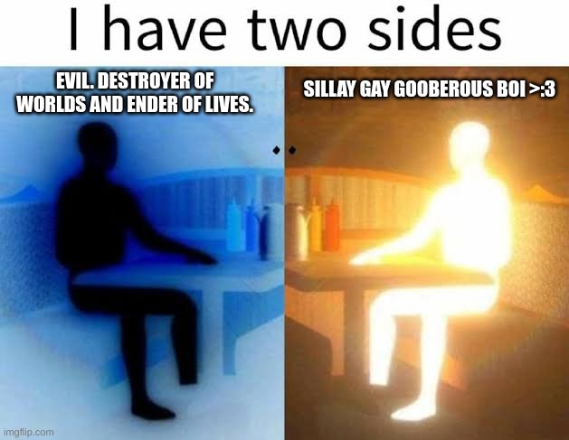 am liddol hellspawn :3 | EVIL. DESTROYER OF WORLDS AND ENDER OF LIVES. SILLAY GAY GOOBEROUS BOI >:3 | image tagged in i have two sides,trend,i guess | made w/ Imgflip meme maker