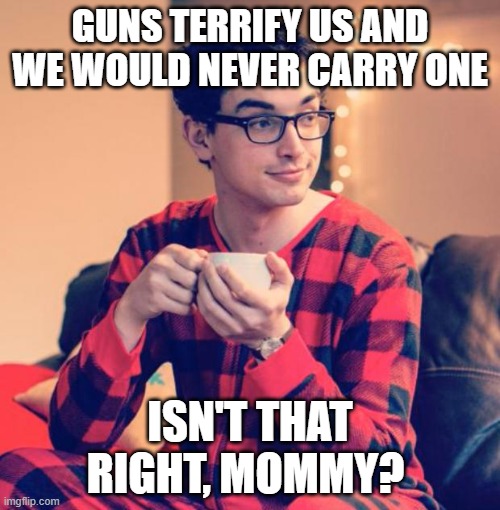 Guns scare us pajama boy | GUNS TERRIFY US AND
WE WOULD NEVER CARRY ONE; ISN'T THAT RIGHT, MOMMY? | image tagged in pajama boy | made w/ Imgflip meme maker