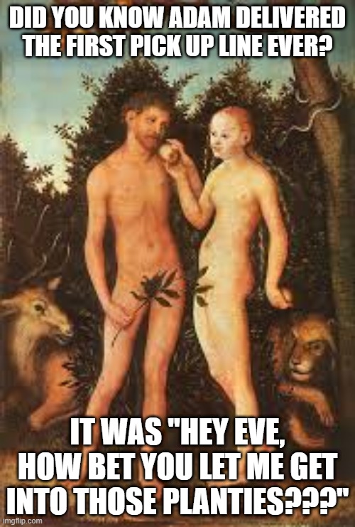 The First Pick Up Line | DID YOU KNOW ADAM DELIVERED THE FIRST PICK UP LINE EVER? IT WAS "HEY EVE, HOW BET YOU LET ME GET INTO THOSE PLANTIES???" | image tagged in adam and eve | made w/ Imgflip meme maker