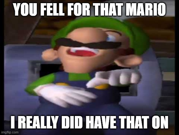 Luigi Laughing | YOU FELL FOR THAT MARIO I REALLY DID HAVE THAT ON | image tagged in luigi laughing | made w/ Imgflip meme maker