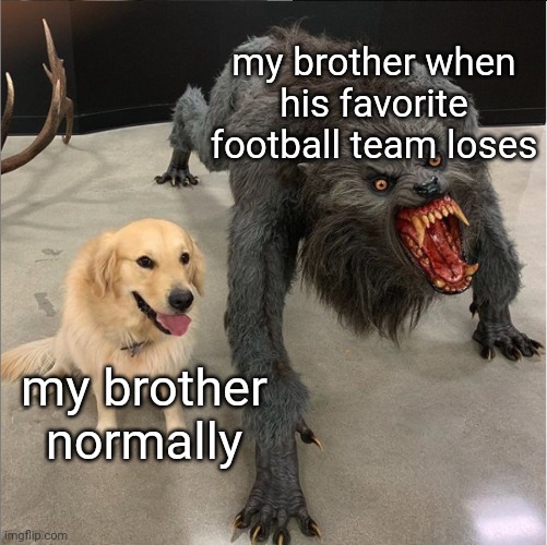 futbol | my brother when his favorite football team loses; my brother normally | image tagged in dog vs werewolf,football | made w/ Imgflip meme maker