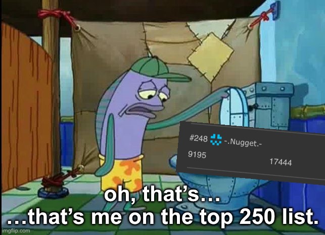 i’ve reached the point of no return | oh, that’s…
…that’s me on the top 250 list. | image tagged in oh thats a toilet spongebob fish | made w/ Imgflip meme maker