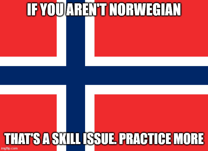 You should have practiced | IF YOU AREN'T NORWEGIAN; THAT'S A SKILL ISSUE. PRACTICE MORE | image tagged in norwegian flag | made w/ Imgflip meme maker