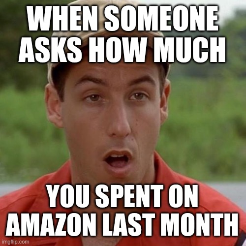 Adam Sandler mouth dropped | WHEN SOMEONE ASKS HOW MUCH; YOU SPENT ON AMAZON LAST MONTH | image tagged in adam sandler mouth dropped | made w/ Imgflip meme maker