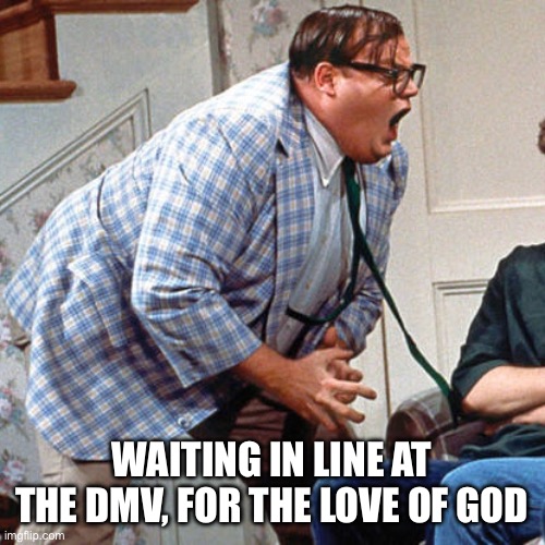 Chris Farley For the love of god | WAITING IN LINE AT THE DMV, FOR THE LOVE OF GOD | image tagged in chris farley for the love of god | made w/ Imgflip meme maker