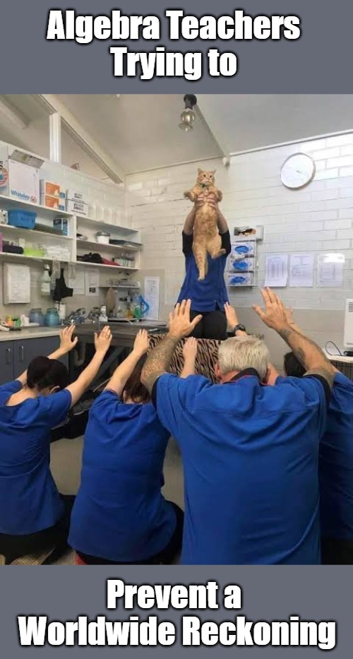 People Worshipping The Cat | Algebra Teachers 

Trying to Prevent a 

Worldwide Reckoning | image tagged in people worshipping the cat | made w/ Imgflip meme maker