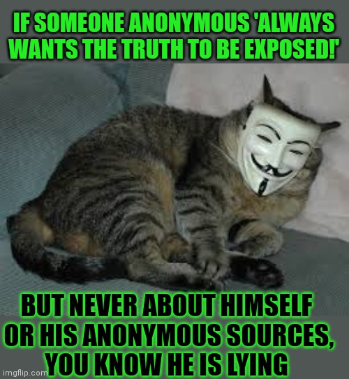 This #lolcat wonders why 'truth seekers' are not interested in the actual truth | IF SOMEONE ANONYMOUS 'ALWAYS WANTS THE TRUTH TO BE EXPOSED!'; BUT NEVER ABOUT HIMSELF 
OR HIS ANONYMOUS SOURCES,
YOU KNOW HE IS LYING | image tagged in truth,lolcat,hypocrisy | made w/ Imgflip meme maker