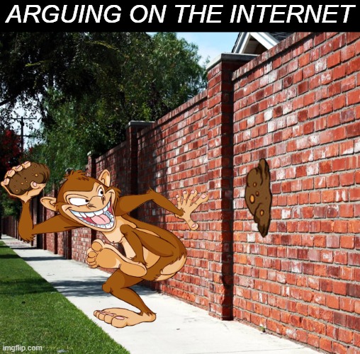 Arguing on the internet | ARGUING ON THE INTERNET | image tagged in arguing on the internet,monkey,brick wall,poop,fling | made w/ Imgflip meme maker