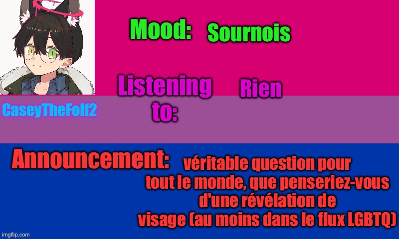 Oui | Sournois; Rien; véritable question pour tout le monde, que penseriez-vous d'une révélation de visage (au moins dans le flux LGBTQ) | image tagged in caseythefolf2 temp v2 | made w/ Imgflip meme maker