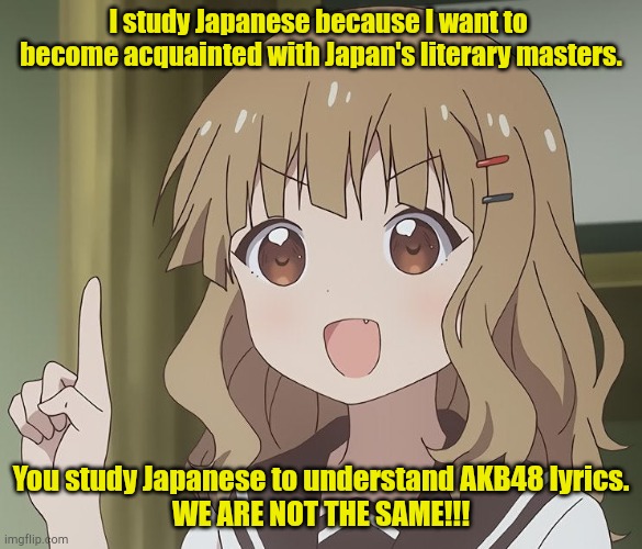 I guess she told me... | I study Japanese because I want to 
become acquainted with Japan's literary masters. You study Japanese to understand AKB48 lyrics.
WE ARE NOT THE SAME!!! | image tagged in the person above me | made w/ Imgflip meme maker