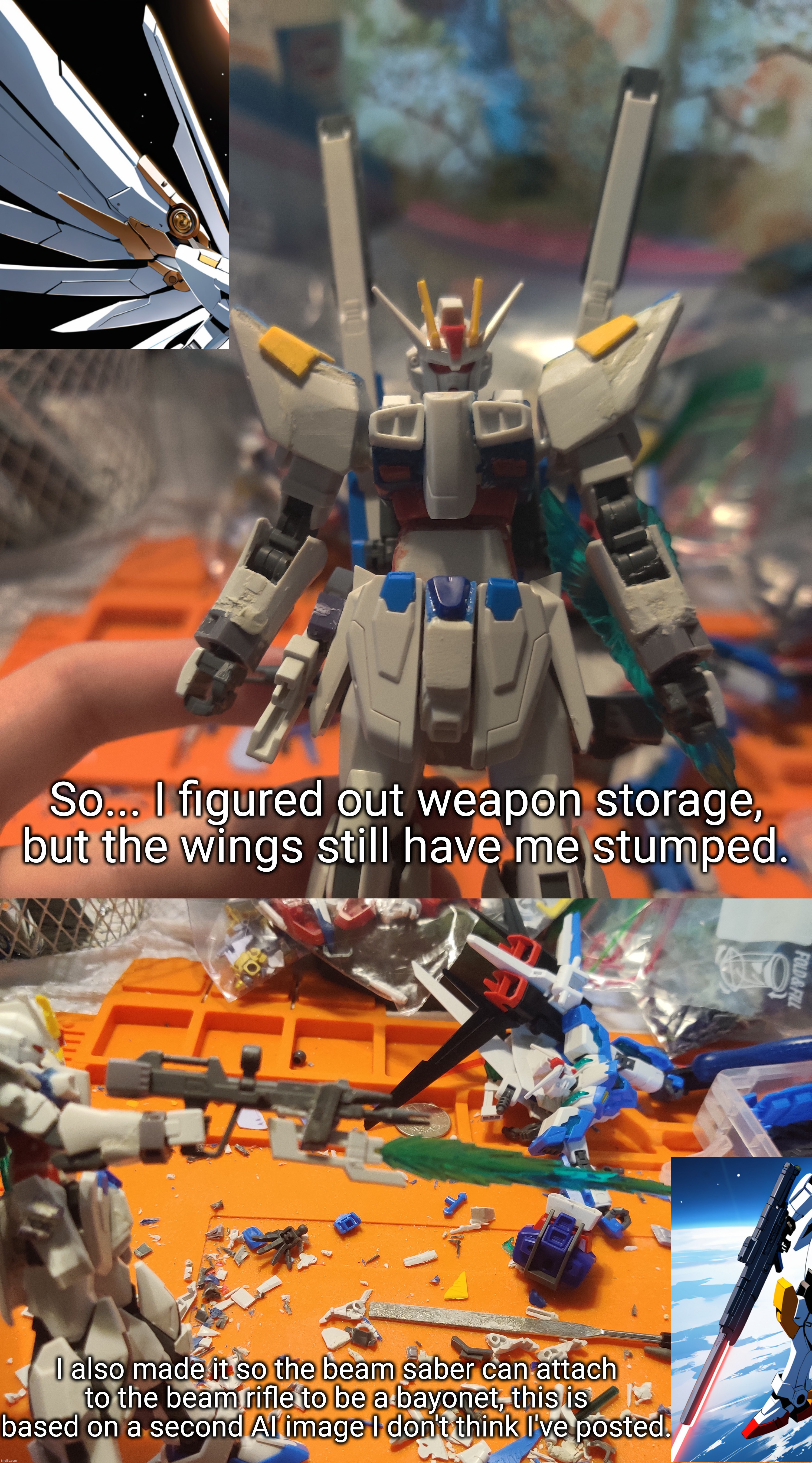 I honestly have no idea what I'm gonna do | So... I figured out weapon storage, but the wings still have me stumped. I also made it so the beam saber can attach to the beam rifle to be a bayonet, this is based on a second AI image I don't think I've posted. | made w/ Imgflip meme maker