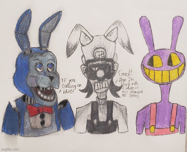 Three rabbit bois in a blank space | image tagged in mario's madness,fnaf,tadc,drawing | made w/ Imgflip meme maker