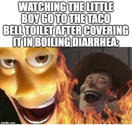 that toilet is now a nuclear hazard... | WATCHING THE LITTLE BOY GO TO THE TACO BELL TOILET AFTER COVERING IT IN BOILING DIARRHEA: | image tagged in fire woody,funny,memes,relateable,dark humor,hilarious | made w/ Imgflip meme maker
