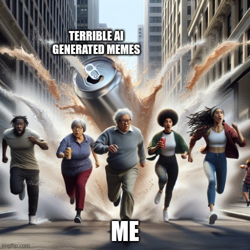 i don't even know | TERRIBLE AI GENERATED MEMES; ME | image tagged in five people running away from a exploding can of soda in downtow | made w/ Imgflip meme maker